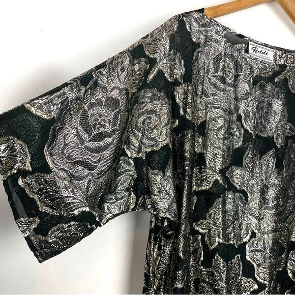 Vintage Silver Sparkling Top Boat Neck Rose Print Celebration Metallic - Picture 3 of 7